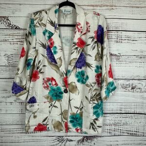 Womens VTG Joanna USA Made Cream Floral V-Neck Blazer Jacket 3/4 Sleeve Size S